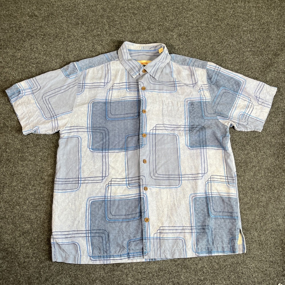 Tommy Bahama Mens L 100% Silk Blue Geometric Square S/S Vacation Resort Shirt‎
